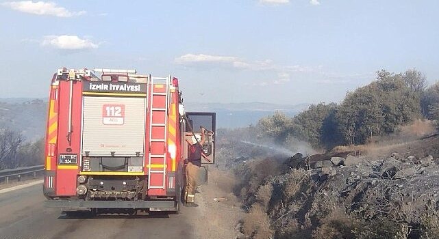 İzmir İtfaiyesi Dikili’de orman yangınına müdahale ediyor